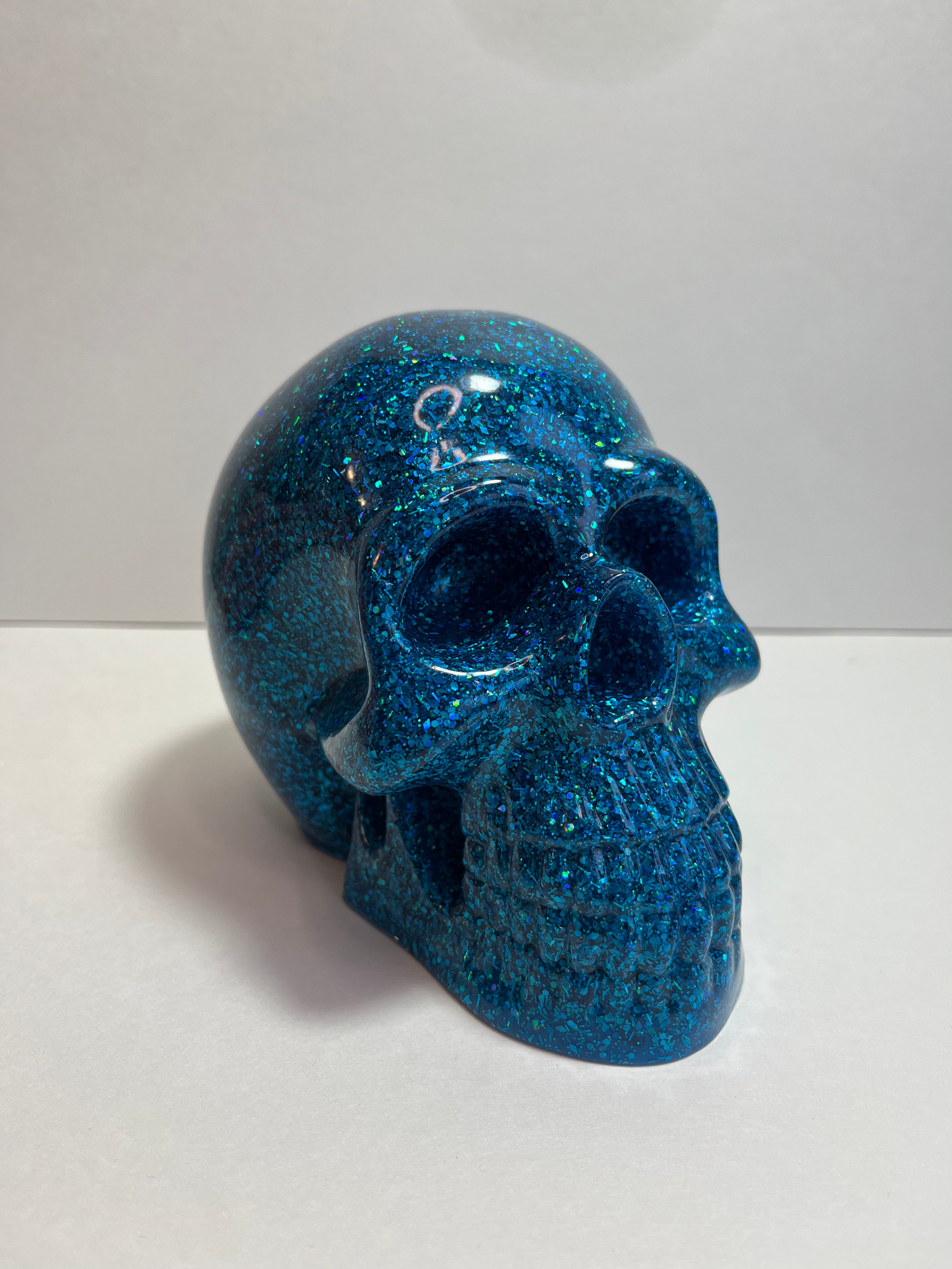 Large Resin Skull - Holographic Glitter - Blue & Green