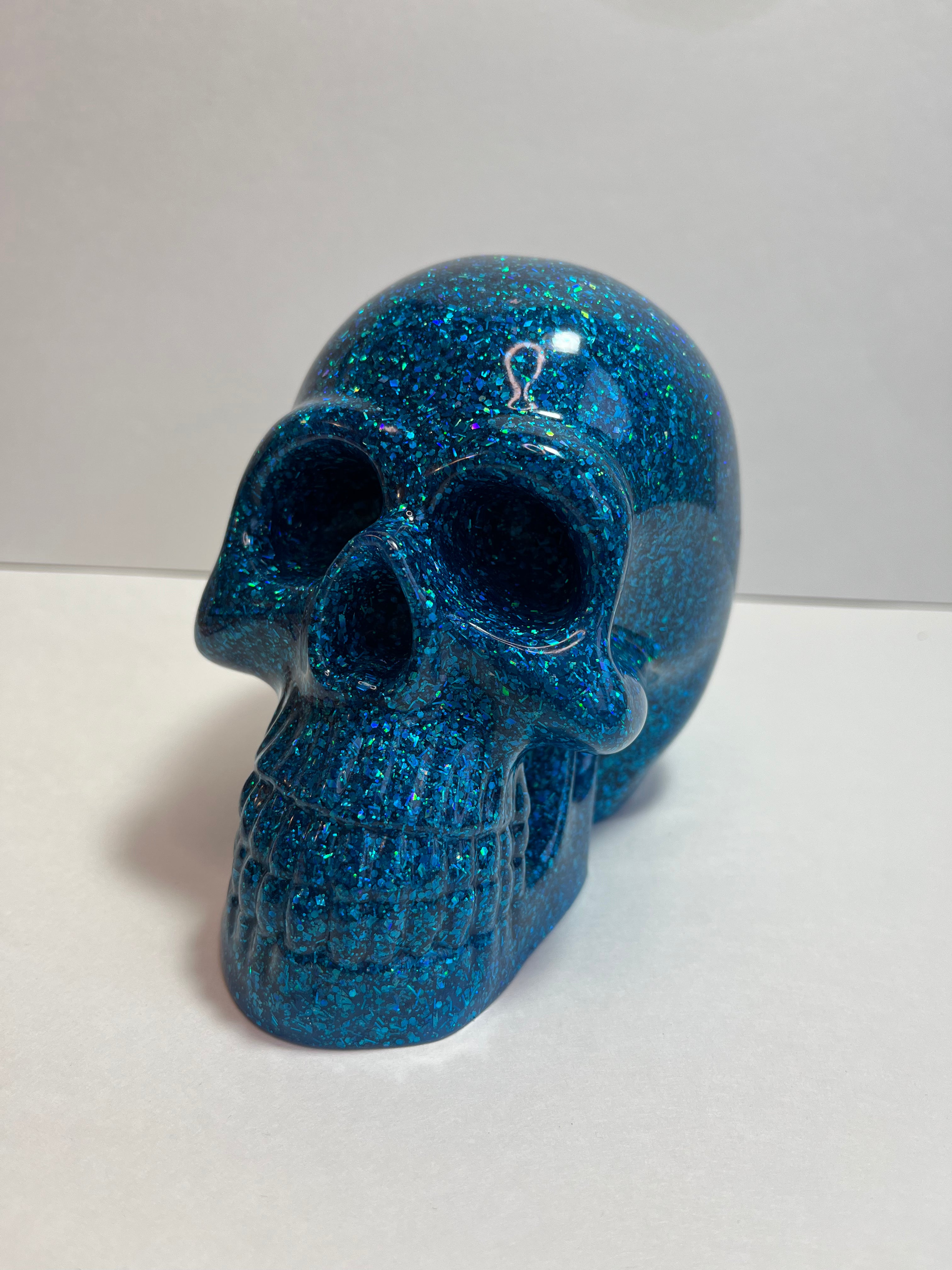 Large Resin Skull - Holographic Glitter - Blue & Green