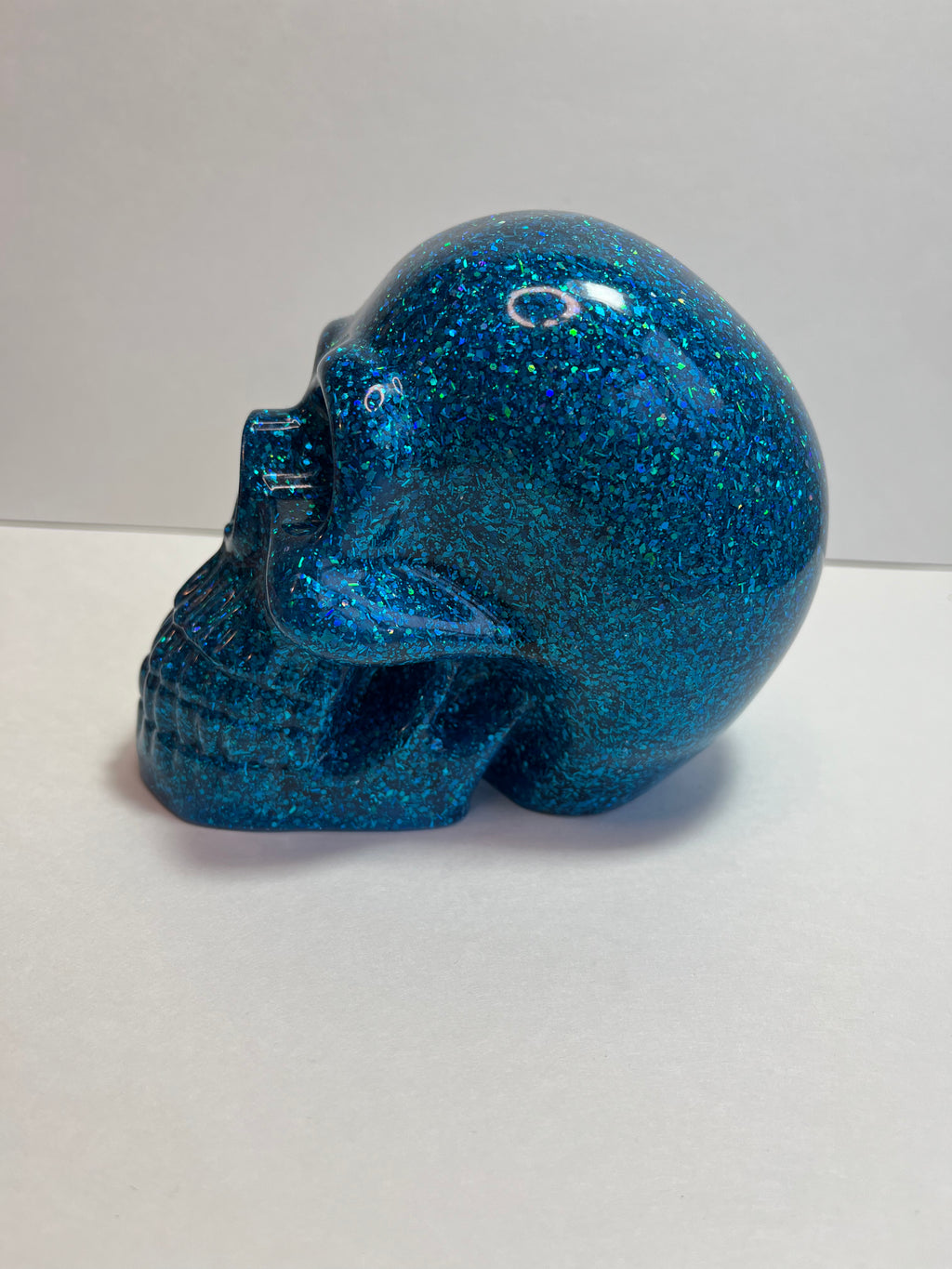 Large Resin Skull - Holographic Glitter - Blue & Green