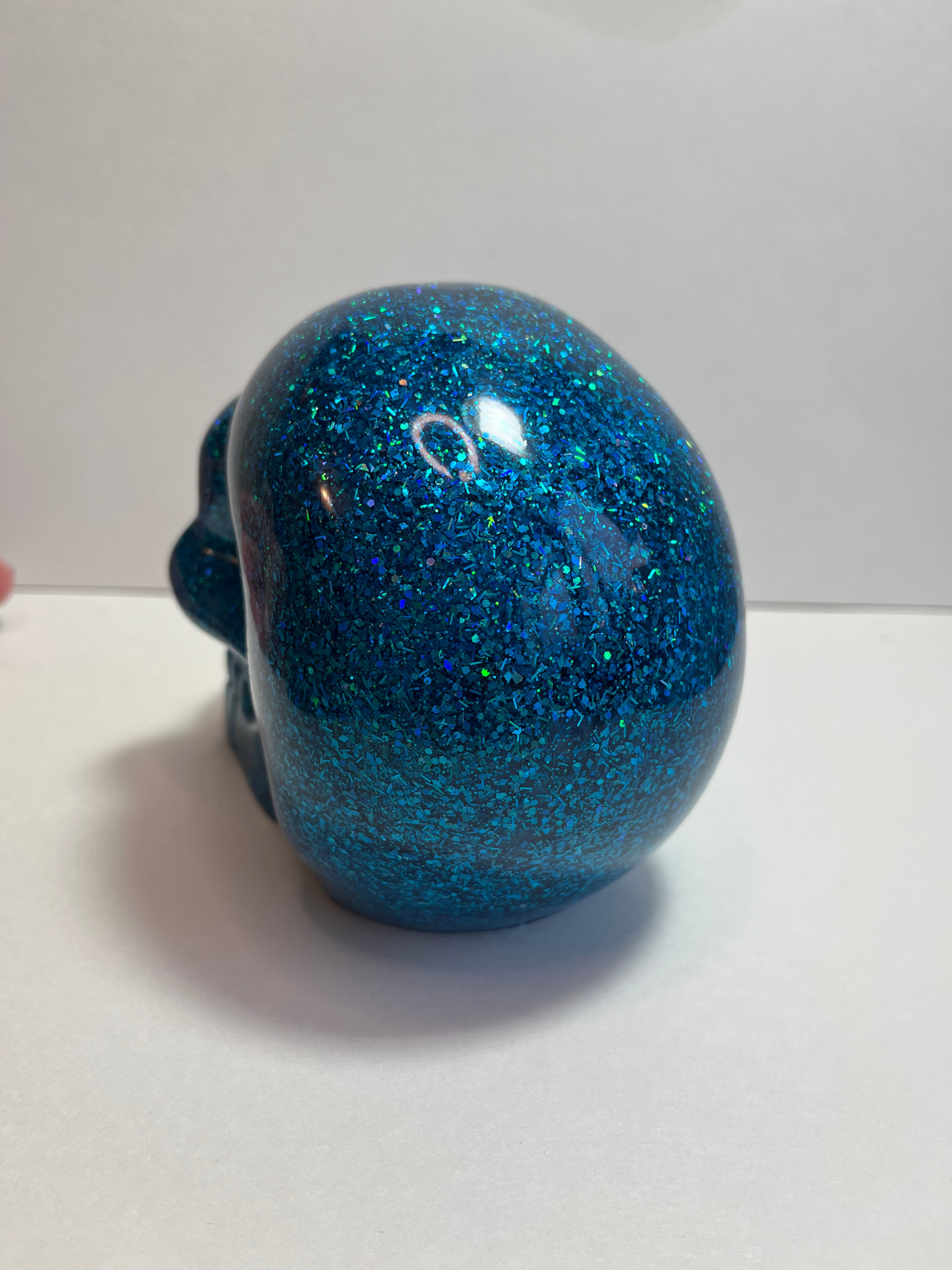 Large Resin Skull - Holographic Glitter - Blue & Green