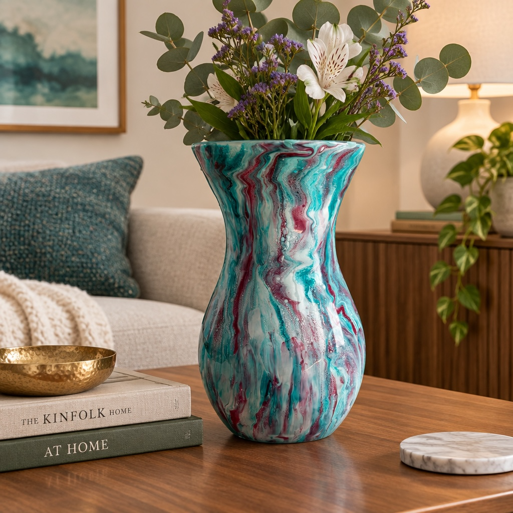 Resin Decorated Vase - Turquoise White and Cerise